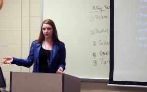 Katherine Binkley, a current ASAP student at Ivy Tech Northeast, gives an oral presentation in her Principles of Marketing 101 class. The deadline to apply for ASAP has been extended to May 1.