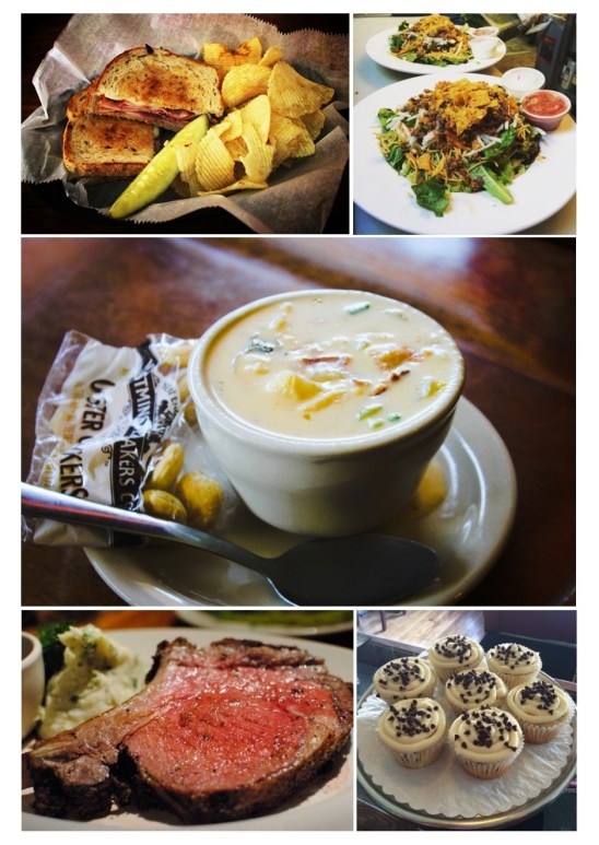 Clockwise from top left: hot ham and swiss on rye special; taco salad special; cheesy potato soup; chocolate chip cupcakes; grilled prime rib special (photos from CS3's Instagram and Facebook feeds)
