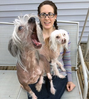 Monique Myers with Frankie, at left, and Oliver, both Chinese Cresteds. She also has a cat, Fleo, and her two children each have a beta fish.