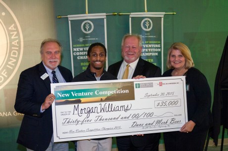 Morgan Williams won $35,000 on Wednesday night at Ivy Tech Northeast’s 2015 New Venture Competition, in its fifth year. Williams is the founder of Elite Performance Scouting. From left: James Tolbert, Ivy Tech Northeast business administration assistant professor; Williams; Steve Piekarski, of ProFed Federal Credit Union; and Jerrilee K. Mosier, Ivy Tech Northeast chancellor.
