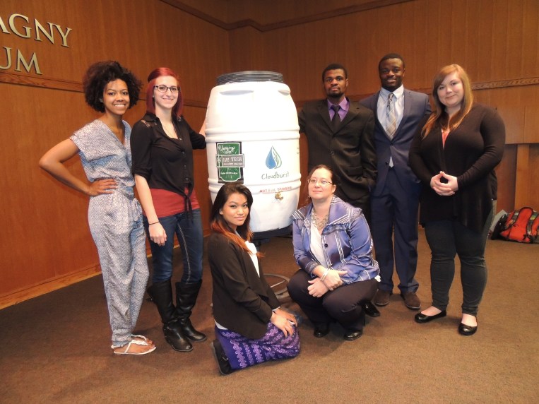 The Cloudburst team developed a rain barrel business venture during fall 2015. From left, members include Kennedy Jones, Rachel Jones, Aye Aung, Cara Macknick, Luckson Stieglitz, Corey Harris, and Ashley Fanson. 