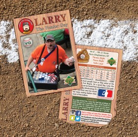 Each summer, Davis designs, autographs, and distributes his own Larry the Vendor Guy baseball card, highlighting statistics and fun facts about his alter ego.