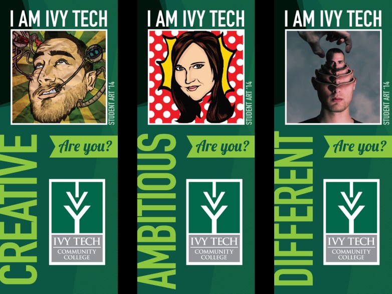 Pole banners hang at Coliseum Campus parking lot. Visual communication students provided the portraits.