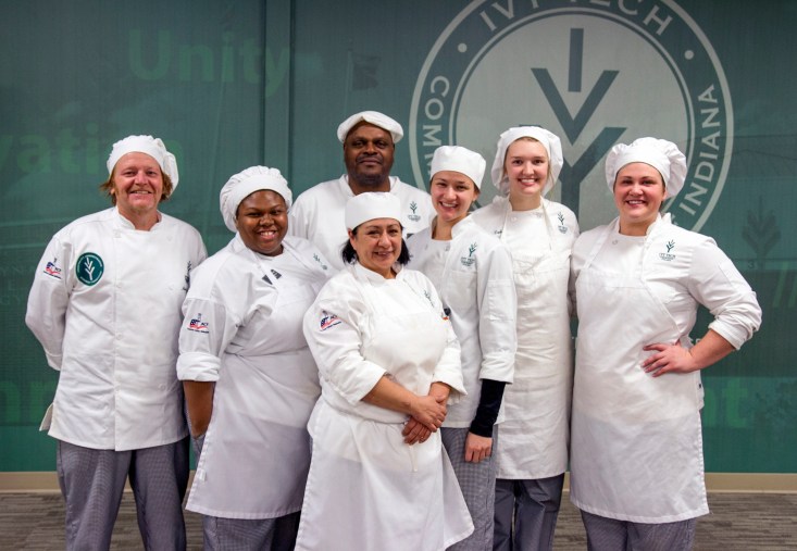 Eight hospitality administration students from Ivy Tech Community College Northeast won the College’s European Competition, held Friday. They will travel to France and Germany in the spring to study the culinary arts. Winners are: (back row) Lawrence Davis; (front row, from left) John Croyle, Anisah Abdul-Azeez, Aura Barrera, Lydia Yaste, Catrina Zepke, Bethany Sorich; and (not pictured) John O’Donnell.