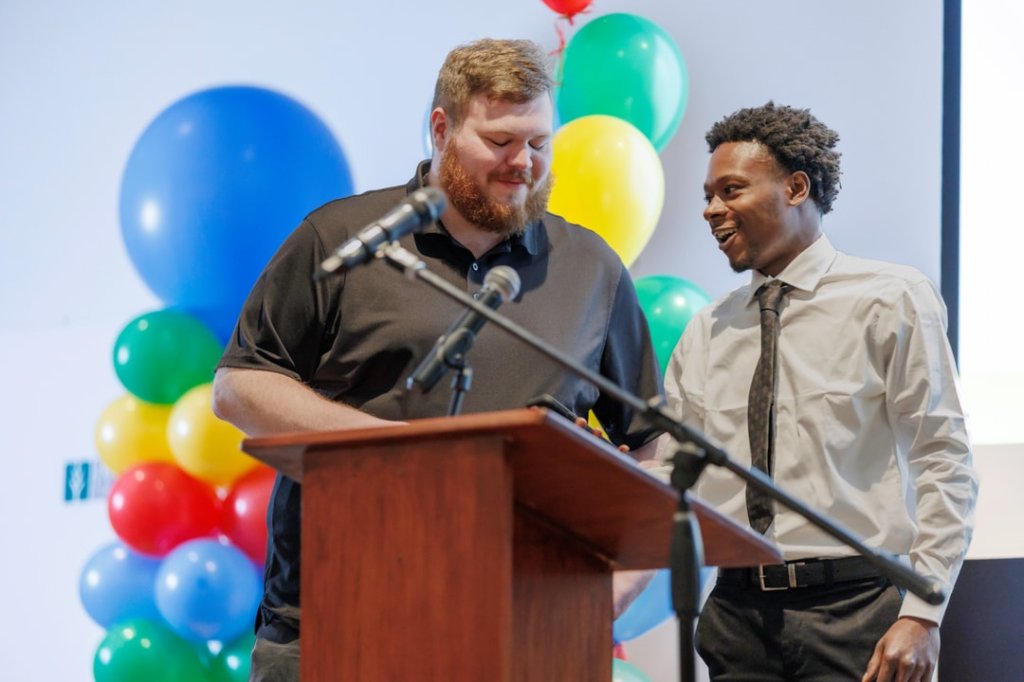 Graduates Hunter Lane and Quantrez Scott share their experience during the ceremony (photo provided by Google)